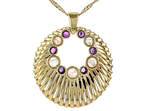 Rainbow Moonstone & African Amethyst 18k Gold Over Brass Pendant W/ Chain