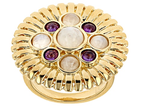Rainbow Moonstone And African Amethyst 18k Yellow Gold Over Brass Ring