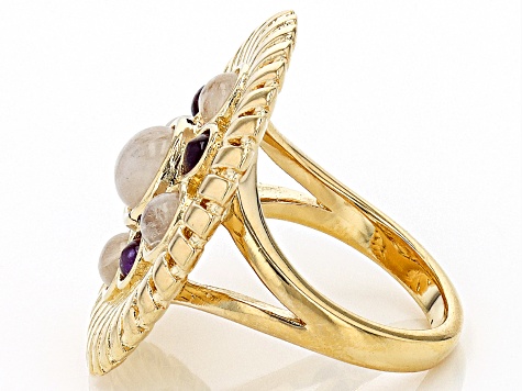 Rainbow Moonstone And African Amethyst 18k Yellow Gold Over Brass Ring