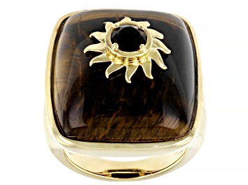 Picture of Tigers Eye and Smoky Quartz 18k Gold Over Brass Ring 0.39ctw