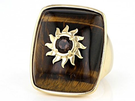 Tigers Eye and Smoky Quartz 18k Gold Over Brass Ring 0.39ctw