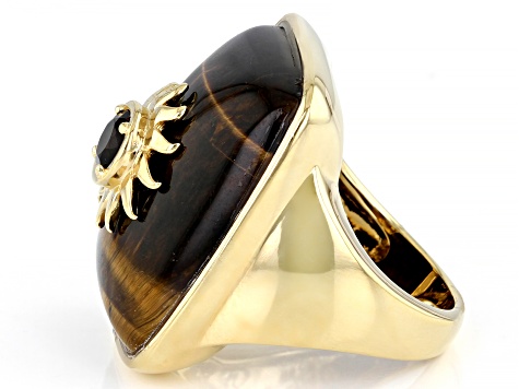 Tigers Eye and Smoky Quartz 18k Gold Over Brass Ring 0.39ctw