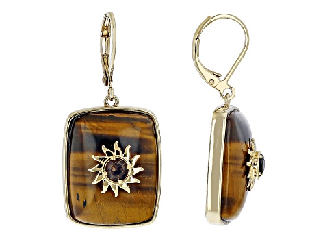 Tigers Eye and Smoky Quartz 18k Yellow Gold Over Brass Sun Earrings 0.41ctw