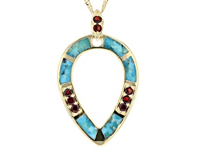Blue Turquoise and Garnet 18k Yellow Gold Over Brass Pendant with Chain 1.02ctw