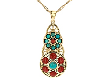 Picture of Red Sponge Coral and Blue Composite Turquoise 18k Gold Over Brass Pendant