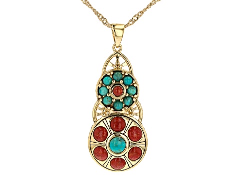 Red Sponge Coral and Blue Composite Turquoise 18k Gold Over Brass Pendant