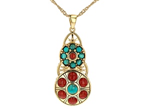 Red Sponge Coral and Blue Composite Turquoise 18k Gold Over Brass Pendant