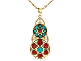 Red Sponge Coral and Blue Composite Turquoise 18k Gold Over Brass Pendant