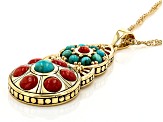 Red Sponge Coral and Blue Composite Turquoise 18k Gold Over Brass Pendant