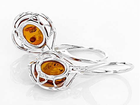 Orange Amber Sterling Silver Solitaire Dangle Earrings