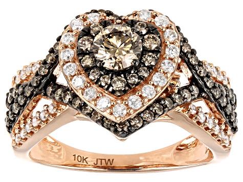 Champagne And White Diamond 10K Rose Gold Heart Cluster Ring 1.25ctw