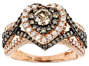 Champagne And White Diamond 10K Rose Gold Heart Cluster Ring 1.25ctw