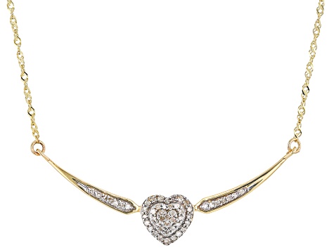 White Diamond 10k Yellow Gold Heart Bar Necklace With Singapore Chain 0.15ctw