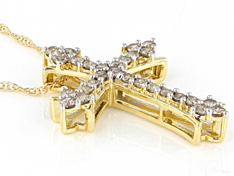 Diamond 10k Yellow Gold Cross Pendant With 18" Rope Chain 0.50ctw