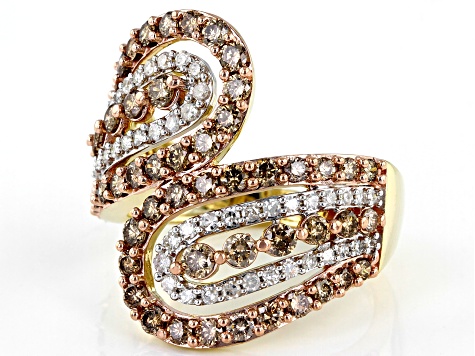 Champagne And White Diamond 10k Yellow Gold Bypass Ring 2.00ctw