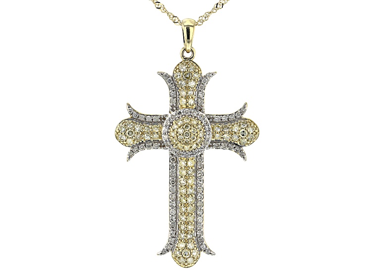 Natural Yellow & White Diamond 10k Yellow Gold Cross Pendant With 