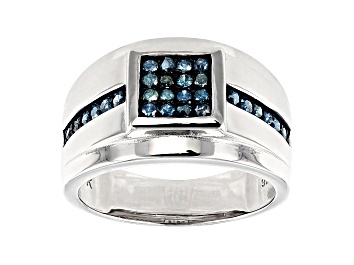 Picture of Blue Diamond Rhodium Over Sterling Silver Mens Cluster Ring 0.42ctw