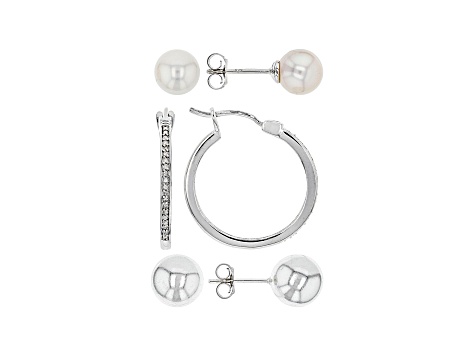 8mm White Cultured Freshwater Pearl And White Diamond Rhodium Over Silver Earring Set Of 3 0.10ctw