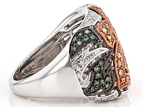 Champagne, Green And White Diamond Rhodium Over Sterling Silver Flower Cocktail Ring 0.39ctw