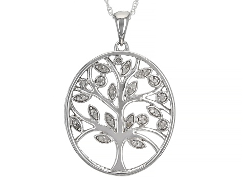 White Diamond Rhodium Over Sterling Silver Tree Pendant With 18" Rope Chain 0.10ctw