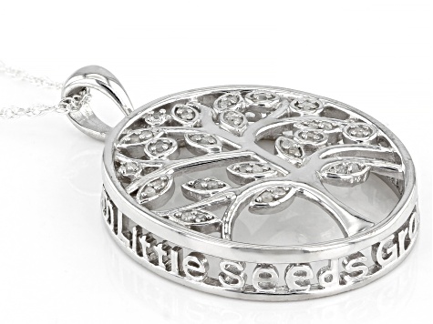 White Diamond Rhodium Over Sterling Silver Tree Pendant With 18" Rope Chain 0.10ctw