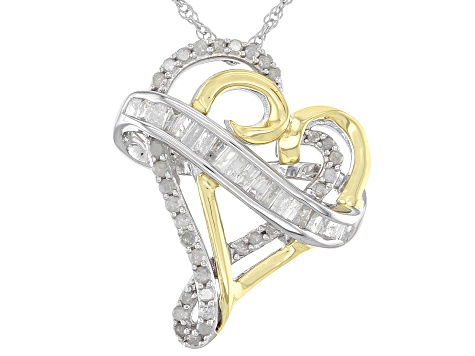 White Diamond Rhodium And 14K Yellow Gold Over Sterling Silver Heart Pendant With Chain 0.50ctw