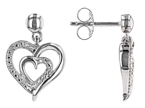 White Diamond Accent Rhodium Over Sterling Silver Heart Dangle Earrings