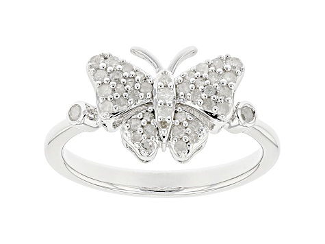 White Diamond Rhodium Over Sterling Silver Cluster Butterfly Ring 0.30ctw