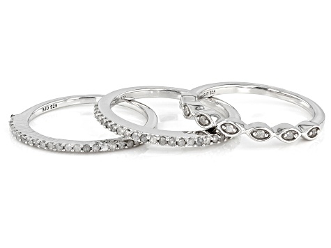 White Diamond Rhodium Over Sterling Silver Set Of 3 Stackable Band Rings 0.45ctw