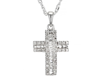 Picture of White Diamond Rhodium Over Sterling Silver Cross Pendant And Chain 0.25ctw