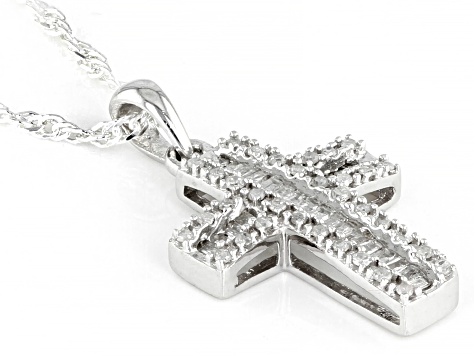 White Diamond Rhodium Over Sterling Silver Cross Pendant And Chain 0.25ctw