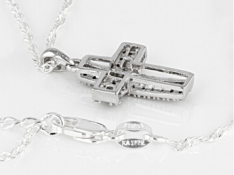 White Diamond Rhodium Over Sterling Silver Cross Pendant And Chain 0.25ctw