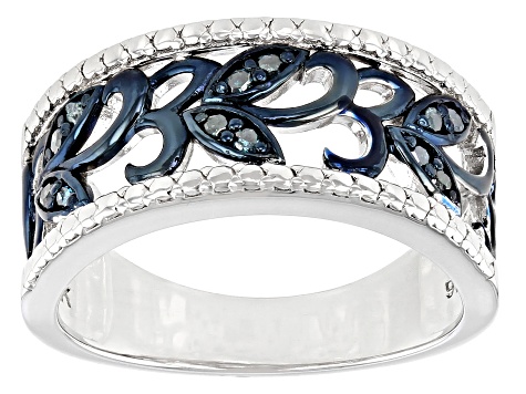Blue Diamond Rhodium Over Sterling Silver Floral Wide Band Ring