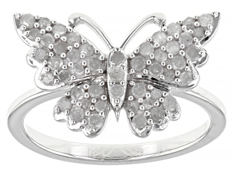 White Diamond Rhodium Over Sterling Silver Butterfly Ring 0.55ctw