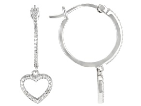 White Diamond Accent Rhodium Over Sterling Silver Heart Charm Hoop Earrings