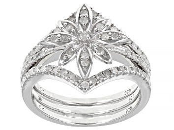 Picture of White Diamond Rhodium Over Sterling Silver Stackable Floral Ring Set 0.65ctw