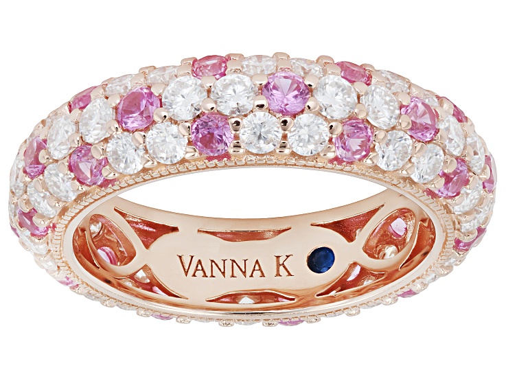 Moissanite And 1.41ctw Lab Created Pink Sapphire 14k Rose Gold Over Silver Band Ring 2.20ctw DEW.