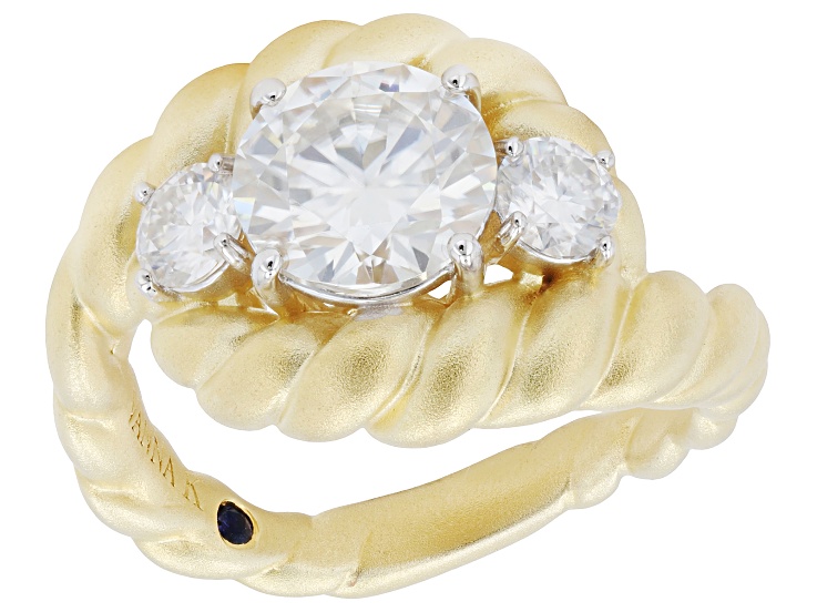 Moissanite 14k Yellow Gold Over Silver 3 Stone Design Ring 2.36ctw DEW.