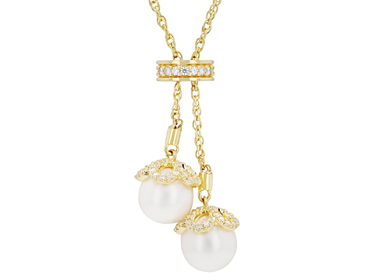 Moissanite And Cultured Freshwater Pearl 14k Yellow Gold Over Silver Necklace 0.83ctw DEW