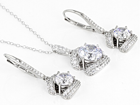 Cubic Zirconia Platineve Pendant with Chain and Earrings Set. 7.13ctw