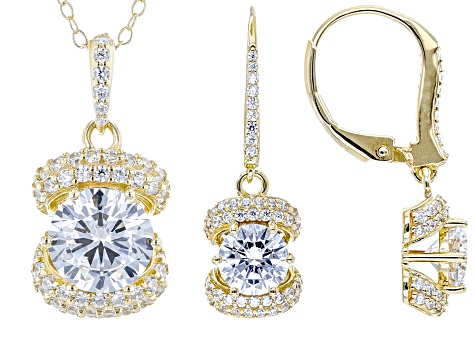 Cubic Zirconia 18k Yellow Gold Over Silver Pendant With Chain and Earrings Set.