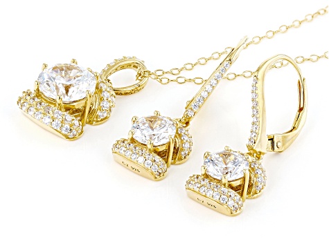 Cubic Zirconia 18k Yellow Gold Over Silver Pendant With Chain and Earrings Set.