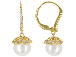 Cultured Freshwater Pearl and White Cubic Zirconia 18k Yellow Gold Over Silver Earrings