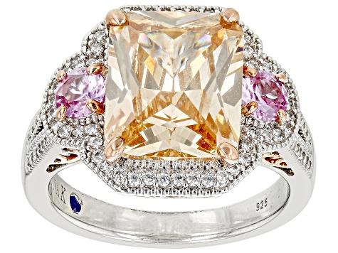 Champagne and White Cubic Zirconia with Pink Lab Created Sapphire Platineve(R) Ring 9.82ctw