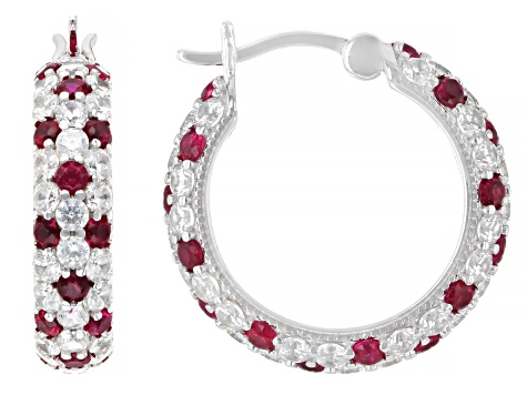 Lab Created Ruby And White Cubic Zirconia Platineve® Hoops 6.49ctw