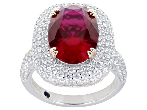 Lab Ruby and White Cubic Zirconia Platineve® and 18k Rose Gold Over Platineve® Ring 8.41ctw