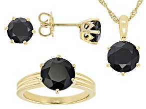Black Spinel 18k Yellow Gold Over Sterling Silver Ring, Earrings, And Pendant With Chain Set