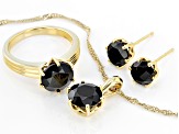 Black Spinel 18k Yellow Gold Over Sterling Silver Ring, Earrings, And Pendant With Chain Set