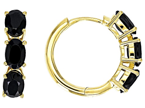 Black Spinel 18k Yellow Gold Over Sterling Silver 3-Stone Hoop Earrings 2.14ctw
