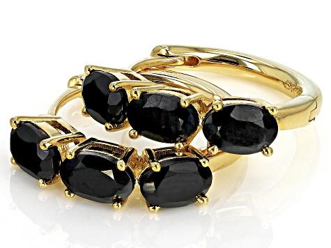 Black Spinel 18k Yellow Gold Over Sterling Silver 3-Stone Hoop Earrings 2.14ctw